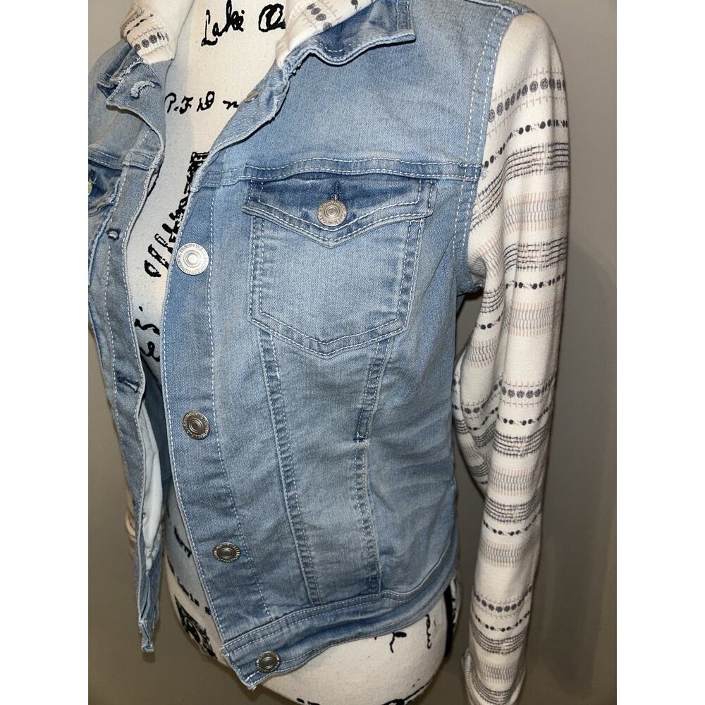 WALLFLOWER Button Down Long‎ Sleeve Blue Hooded Denim Jean Jacket Women's Size M - Picture 4 of 11